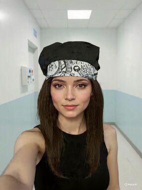 Black Surgical Hat with Black & White Skull Band